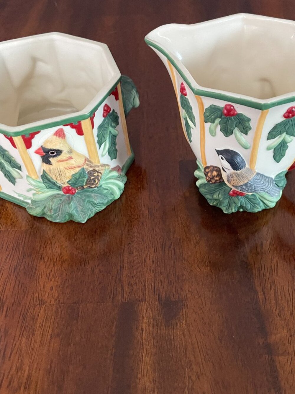 Lenox Winter Greetings sugar and creamer set birds cardinal Catherine Mcclung